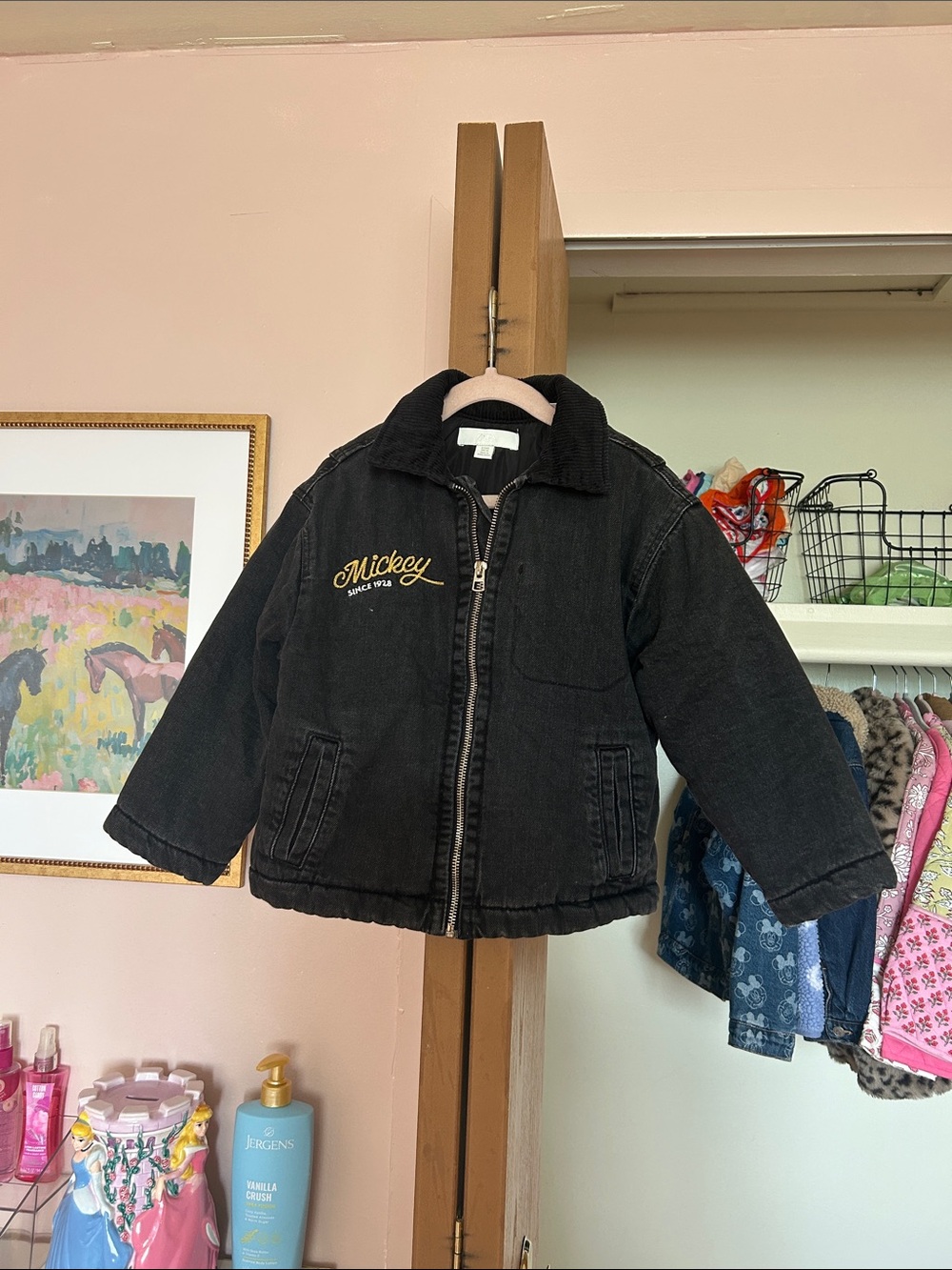 Zara Black Corduroy-Collar Puffer Jacket with Yellow Embroidered Logo